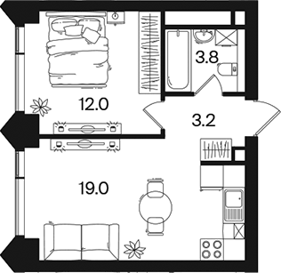 Планировка евродвушка (2Е) 38.1 м² в ЖК «РАКУРС», корпус 3