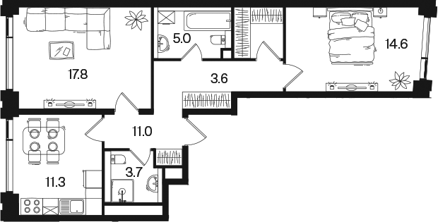 Планировка двухкомнатная 66.7 м² в ЖК «РАКУРС», корпус 4