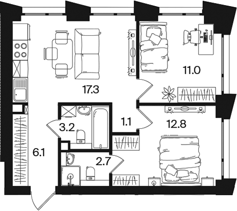 Планировка евротрёшка (3Е) 54.2 м² в ЖК «РАКУРС», корпус 2