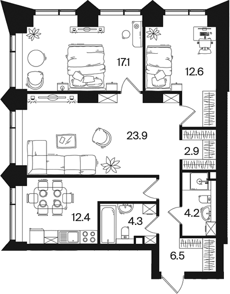 Планировка трёхкомнатная 83.9 м² в ЖК «РАКУРС», корпус 3