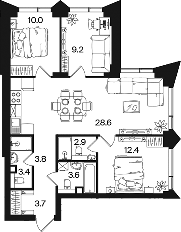 Планировка евро-4 (4Е) 77.6 м² в ЖК «РАКУРС», корпус 3