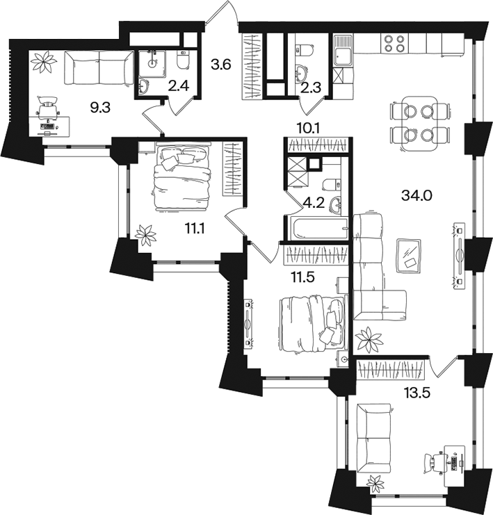 Планировка 5Е-к.кв 102 м² в ЖК «РАКУРС», корпус 2