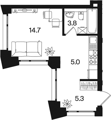 Планировка Студии 28.8 м² в ЖК «РАКУРС», корпус 2