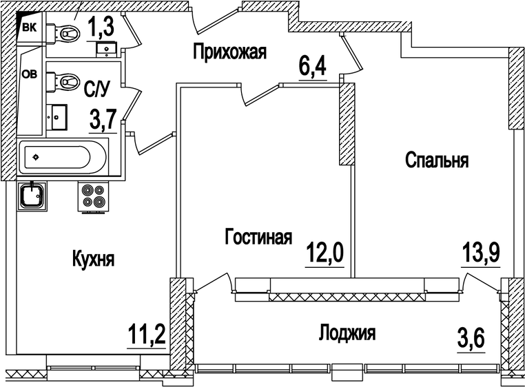 Планировка двухкомнатная 52.1 м² в ЖК «Рассказово», корпус 15