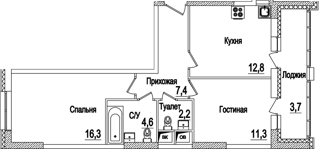 Планировка двухкомнатная 58.3 м² в ЖК «Рассказово», корпус 15