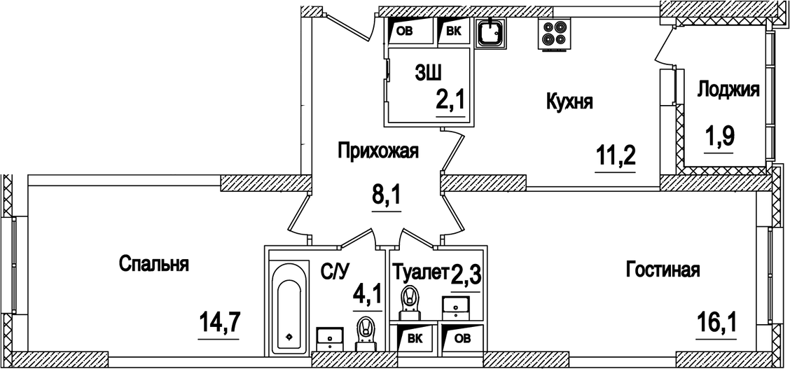 Планировка двухкомнатная 60.5 м² в ЖК «Рассказово», корпус 15