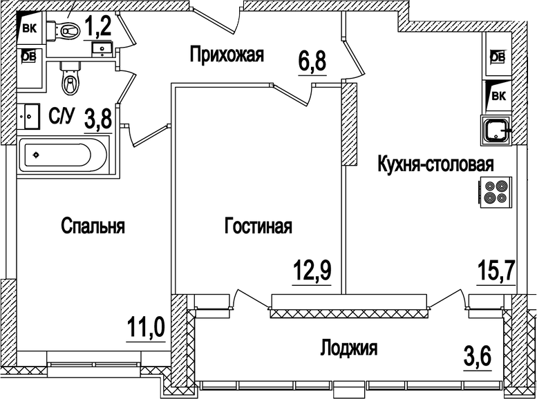Планировка евротрёшка (3Е) 55 м² в ЖК «Рассказово», корпус 15