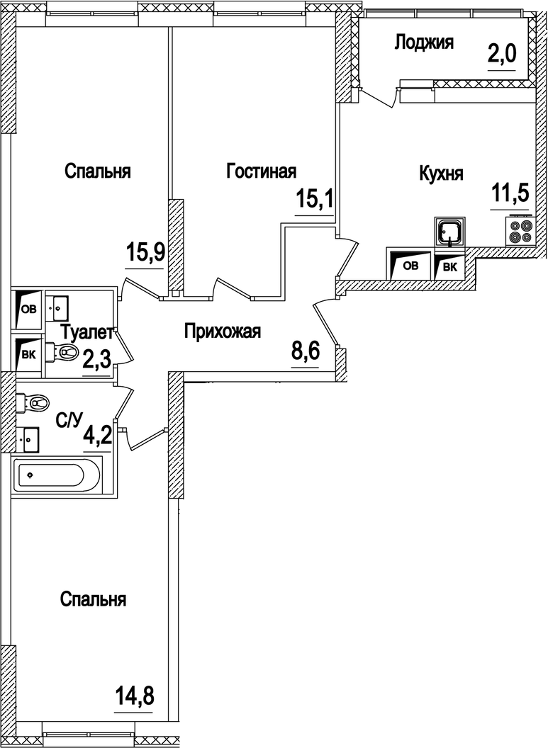 Планировка трёхкомнатная 74.4 м² в ЖК «Рассказово», корпус 15
