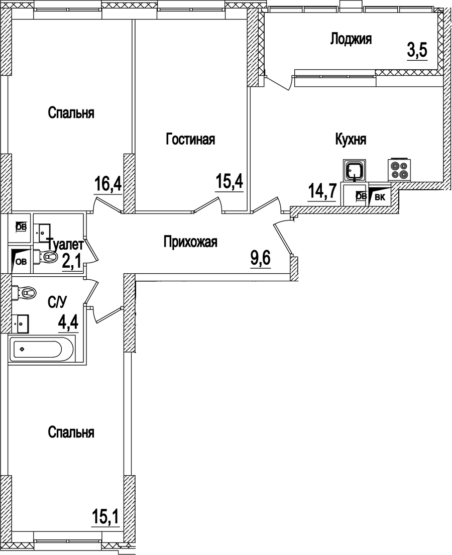 Планировка трёхкомнатная 81.2 м² в ЖК «Рассказово», корпус 15