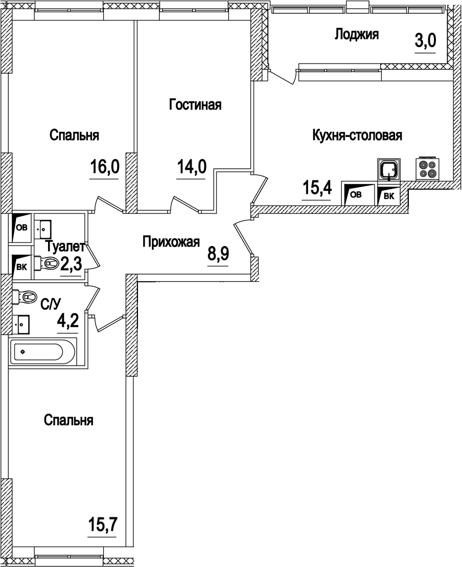 Планировка евро-4 (4Е) 79.5 м² в ЖК «Рассказово», корпус 15