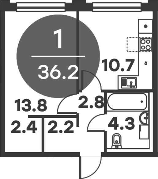 Планировка однокомнатная 36.2 м² в ЖК «Равновесие», корпус 2