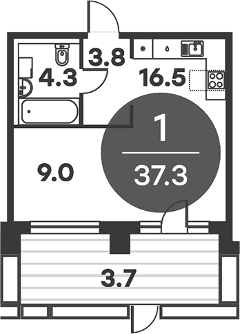 Планировка однокомнатная 37.3 м² в ЖК «Равновесие», корпус 2