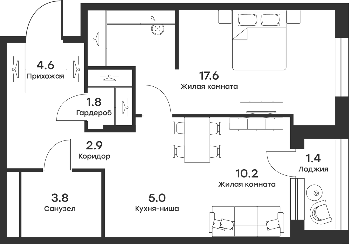 Планировка евродвушка (2Е) 45.9 м² в ЖК «Равновесие», корпус 11А