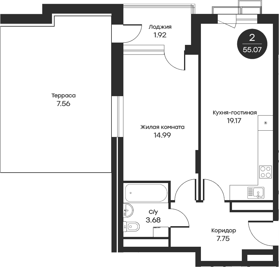 Планировка евродвушка (2Е) 55.1 м² в ЖК «Равновесие», корпус 9