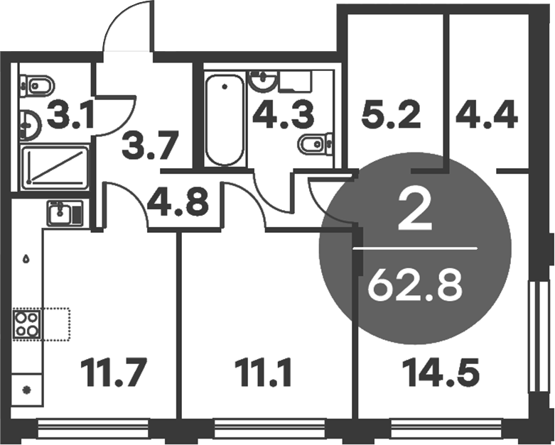 Планировка двухкомнатная 62.8 м² в ЖК «Равновесие», корпус 1