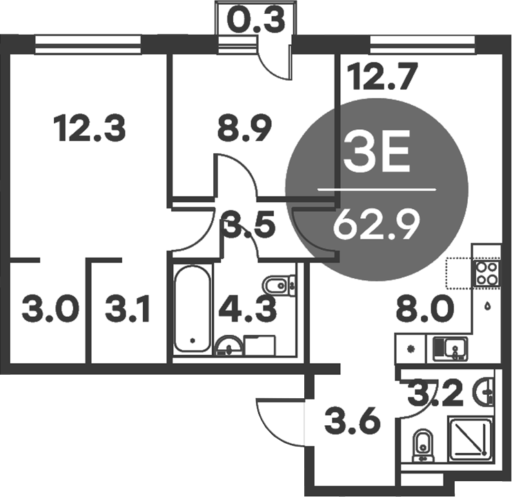 Планировка евротрёшка (3Е) 62.9 м² в ЖК «Равновесие», корпус 2