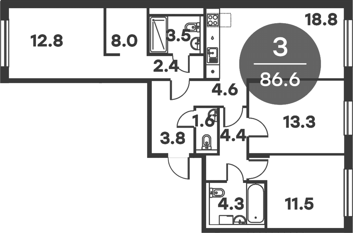 Планировка трёхкомнатная 86.6 м² в ЖК «Равновесие», корпус 2