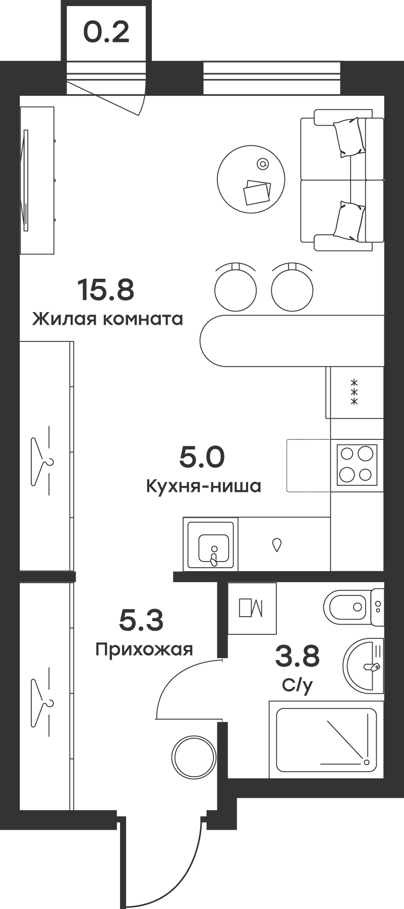 Планировка Студии 30.3 м² в ЖК «Равновесие», корпус 11А