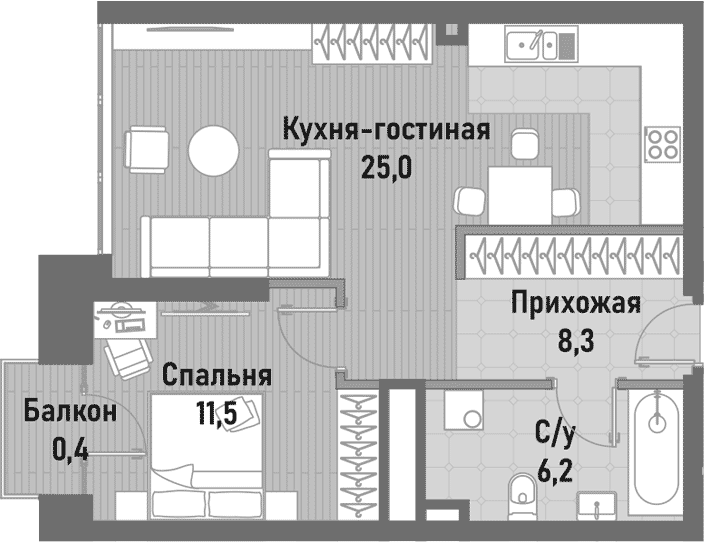 Планировка евродвушка (2Е) 51.3 м² в ЖК «Ренессанс», корпус 2