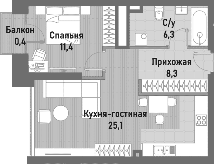 Планировка евродвушка (2Е) 51.4 м² в ЖК «Ренессанс», корпус 2