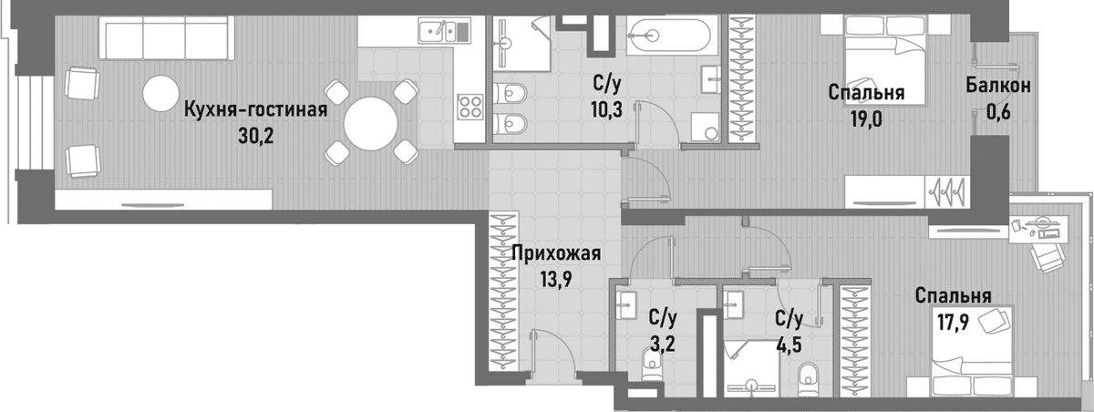 Планировка евротрёшка (3Е) 97.3 м² в ЖК «Ренессанс», корпус 2