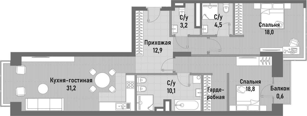 Планировка евротрёшка (3Е) 99.2 м² в ЖК «Ренессанс», корпус 2