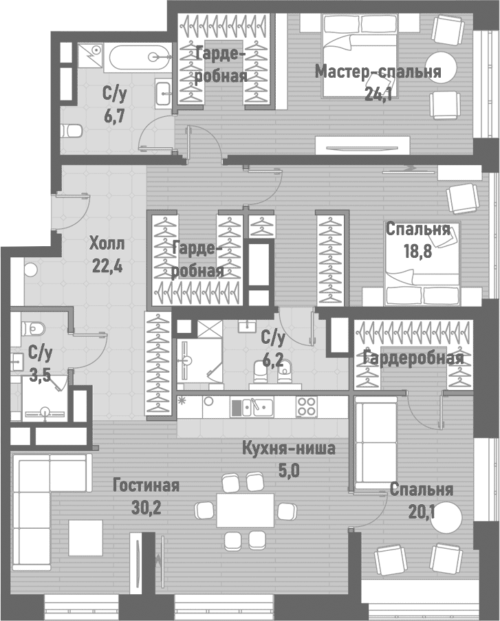 Планировка евро-4 (4Е) 137 м² в ЖК «Ренессанс», корпус 3