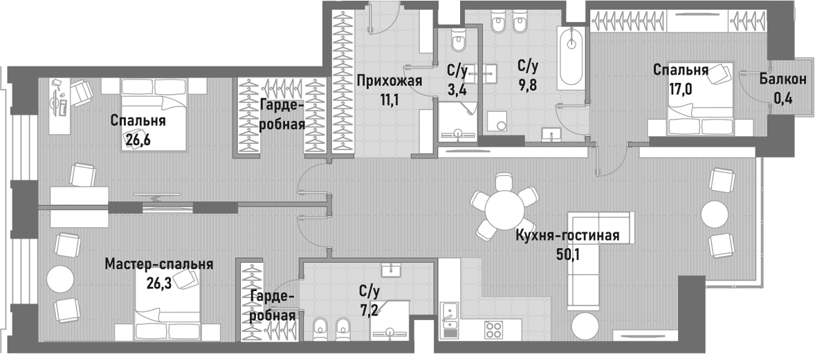 Планировка евро-4 (4Е) 150.4 м² в ЖК «Ренессанс», корпус 2