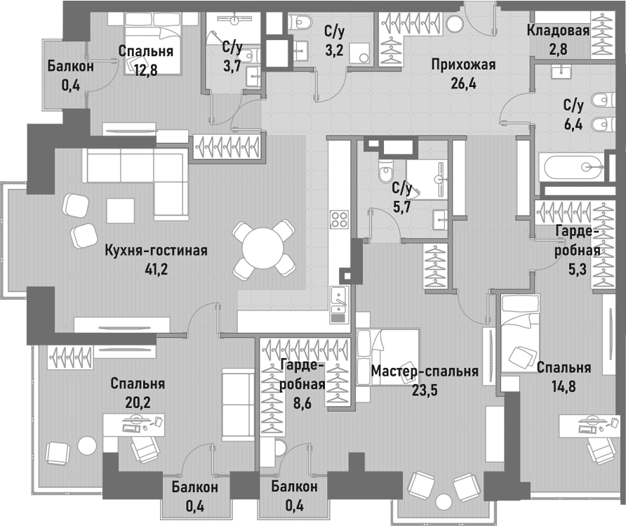 Планировка 5Е-к.кв 175 м² в ЖК «Ренессанс», корпус 2