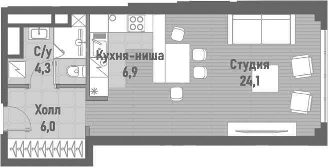 Планировка Студии 41.3 м² в ЖК «Ренессанс», корпус 3