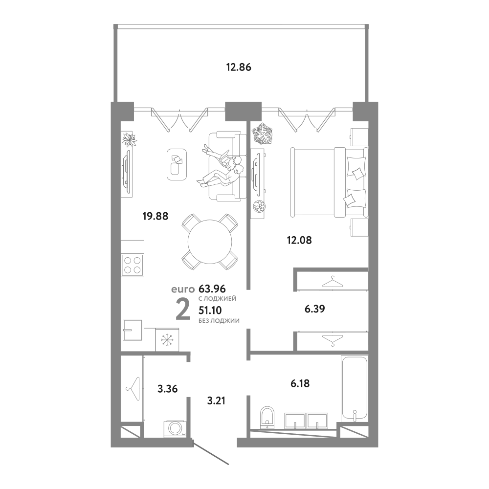 Планировка евродвушка (2Е) 63.96 м² в ЖК «Репаблик», корпус Дом Платинум