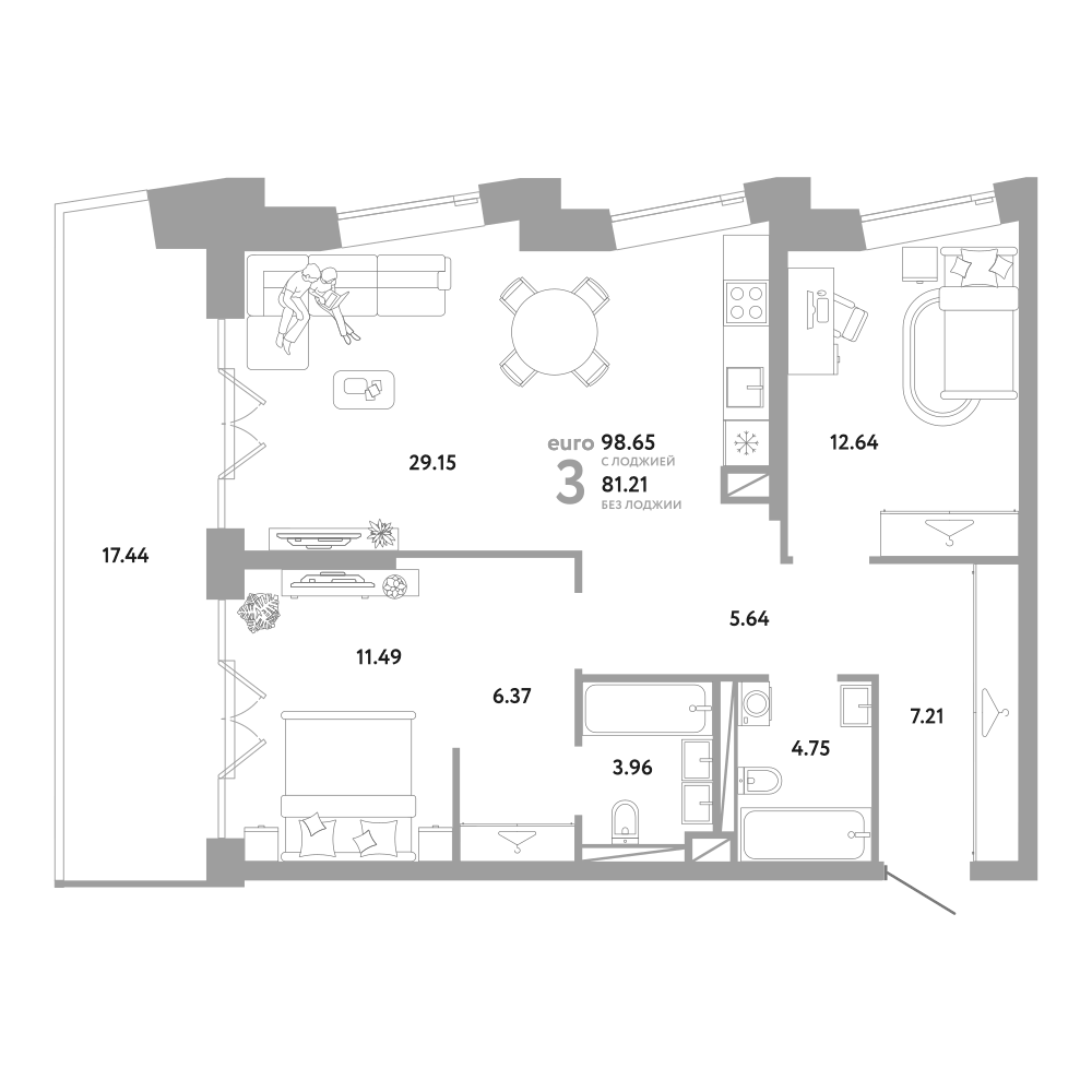 Планировка двухкомнатная 98.65 м² в ЖК «Репаблик», корпус Дом Платинум