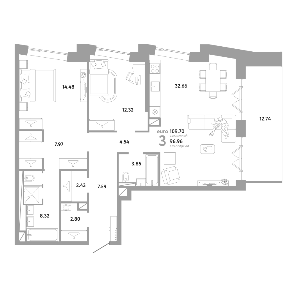 Планировка евротрёшка (3Е) 109.7 м² в ЖК «Репаблик», корпус Дом Платинум
