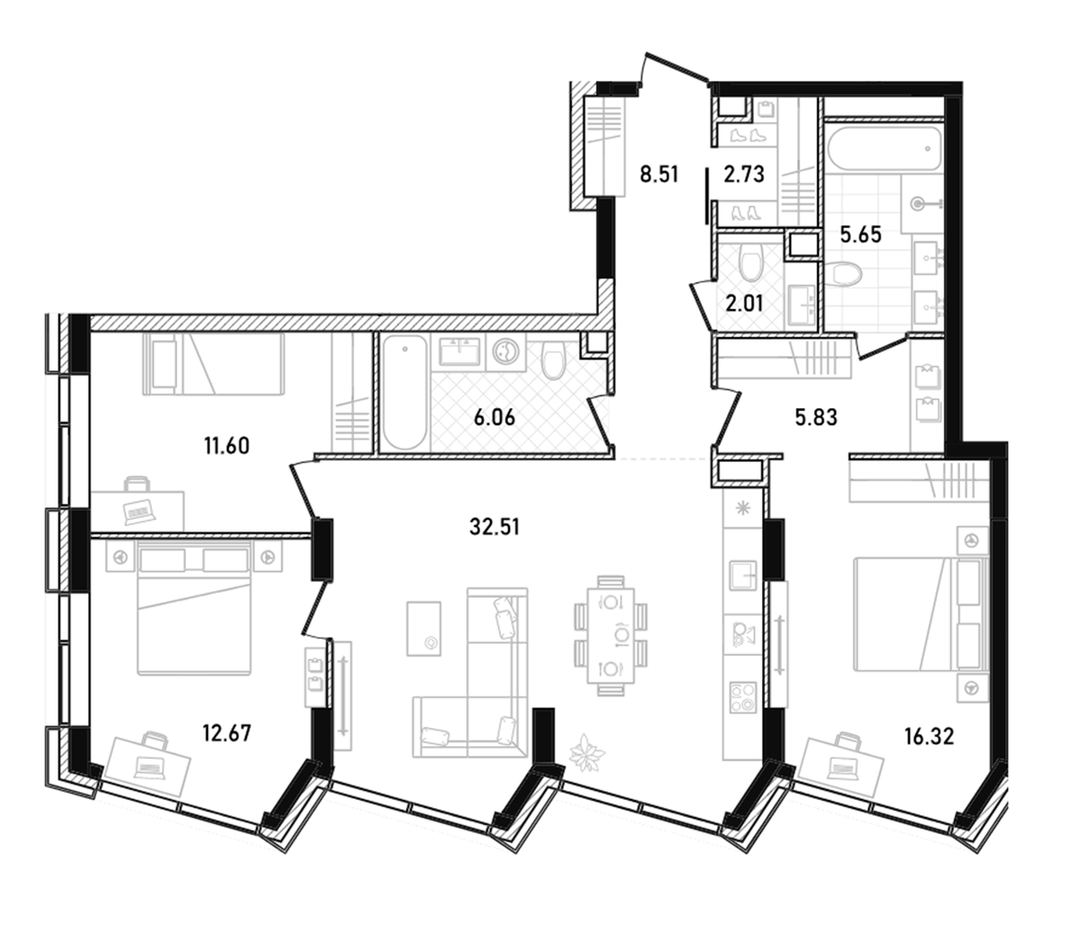 Планировка евро-4 (4Е) 103.89 м² в ЖК «Репаблик», корпус Дом Грин