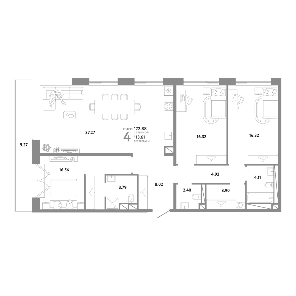 Планировка евро-4 (4Е) 122.88 м² в ЖК «Репаблик», корпус Дом Редс