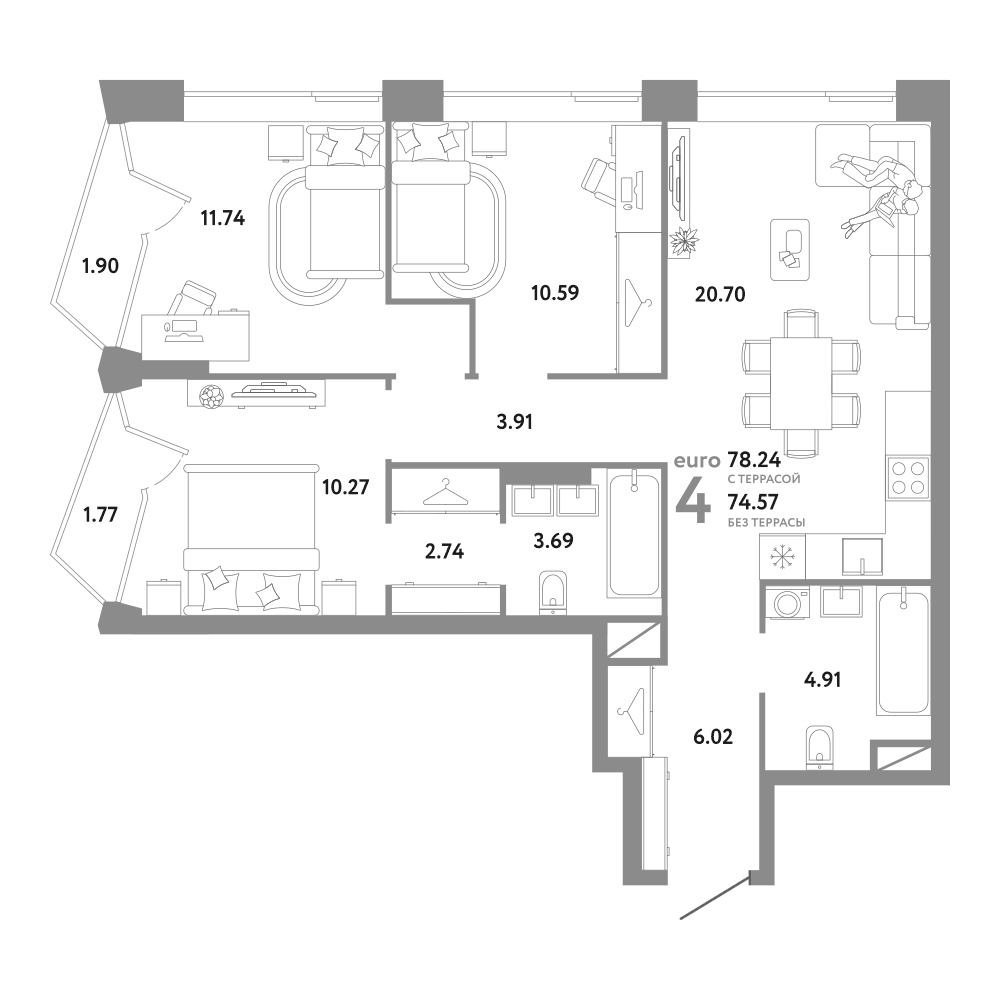 Планировка евро-4 (4Е) 78.24 м² в ЖК «Репаблик», корпус Дом Голд