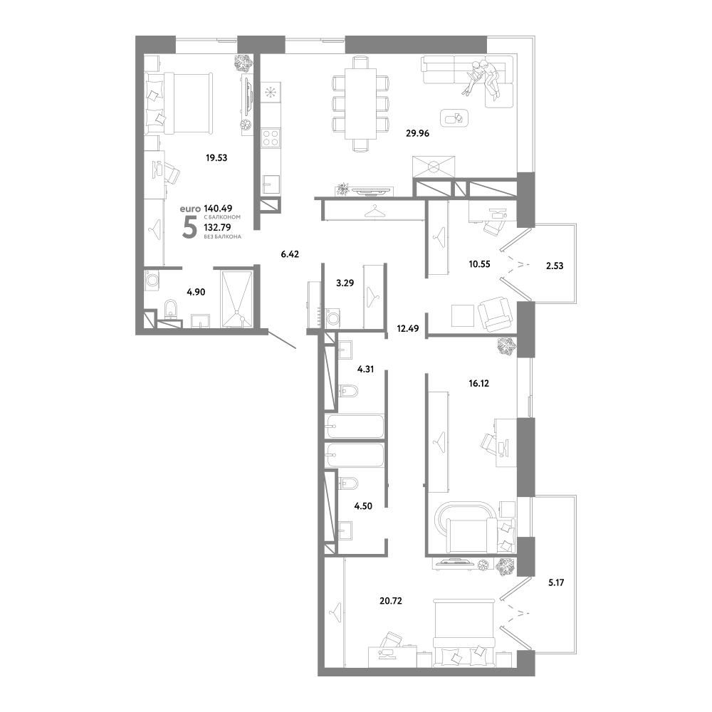 Планировка 5Е-к.кв 140.49 м² в ЖК «Репаблик», корпус Дом Редс
