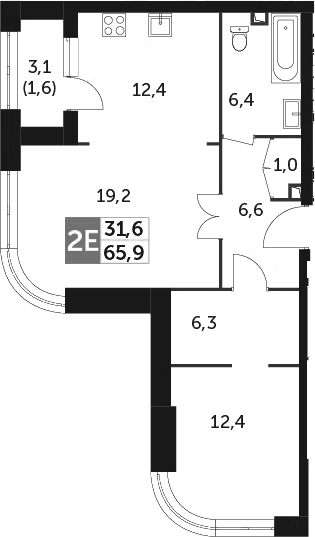 Планировка евродвушка (2Е) 65.9 м² в ЖК «Режиссер», корпус 2