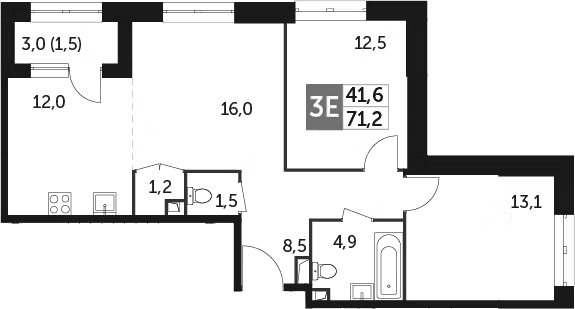 Планировка евротрёшка (3Е) 71.2 м² в ЖК «Режиссер», корпус 1