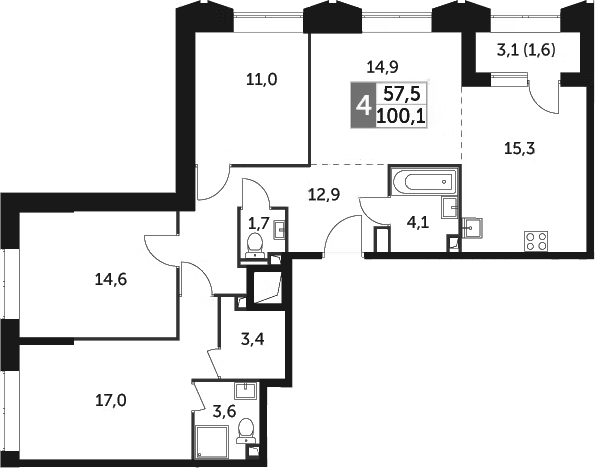 Планировка евро-4 (4Е) 100.1 м² в ЖК «Режиссер», корпус 3