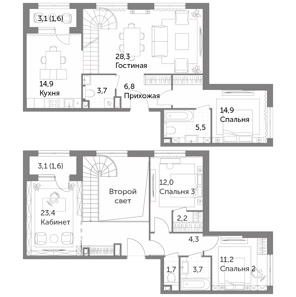 Планировка четырёхкомнатная 135.8 м² в ЖК «Режиссер», корпус 3