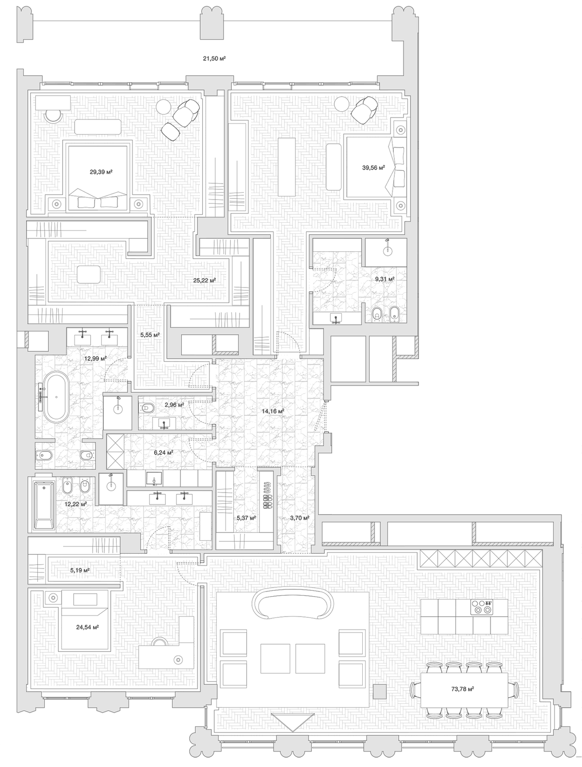 Планировка евро-4 (4Е) 302 м² в ЖК «Резиденция 1864», корпус 1