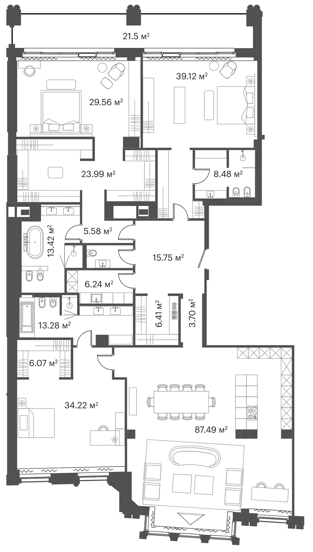 Планировка евро-4 (4Е) 329.2 м² в ЖК «Резиденция 1864», корпус 1