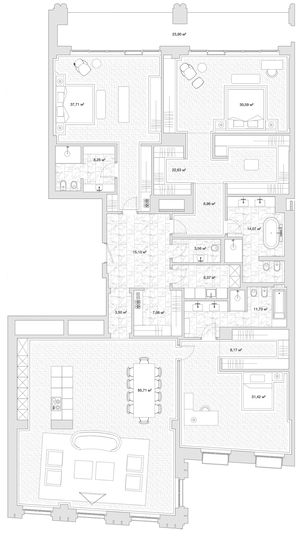 Планировка евро-4 (4Е) 330.7 м² в ЖК «Резиденция 1864», корпус 1