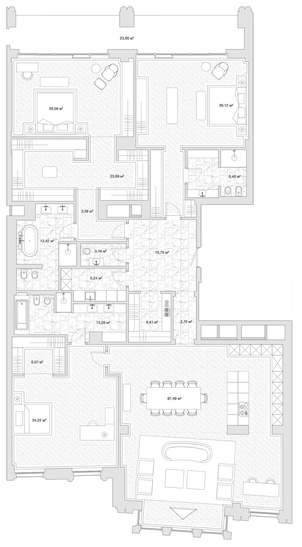 Планировка евро-4 (4Е) 340.9 м² в ЖК «Резиденция 1864», корпус 1