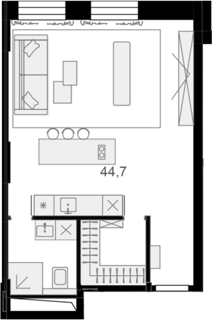 Планировка свободная планировка 44.8 м² в ЖК «Резиденции архитекторов», корпус 15