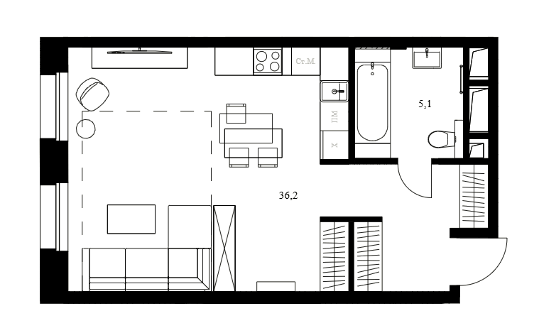 Планировка Студии 41.3 м² в ЖК «Резиденции архитекторов», корпус 14