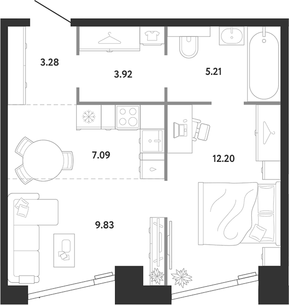 Планировка однокомнатная 41.53 м² в ЖК «Ридж», корпус 1