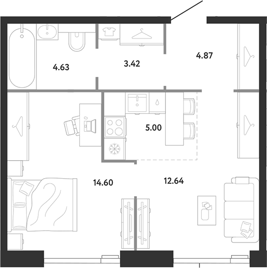 Планировка однокомнатная 45.16 м² в ЖК «Ридж», корпус 1