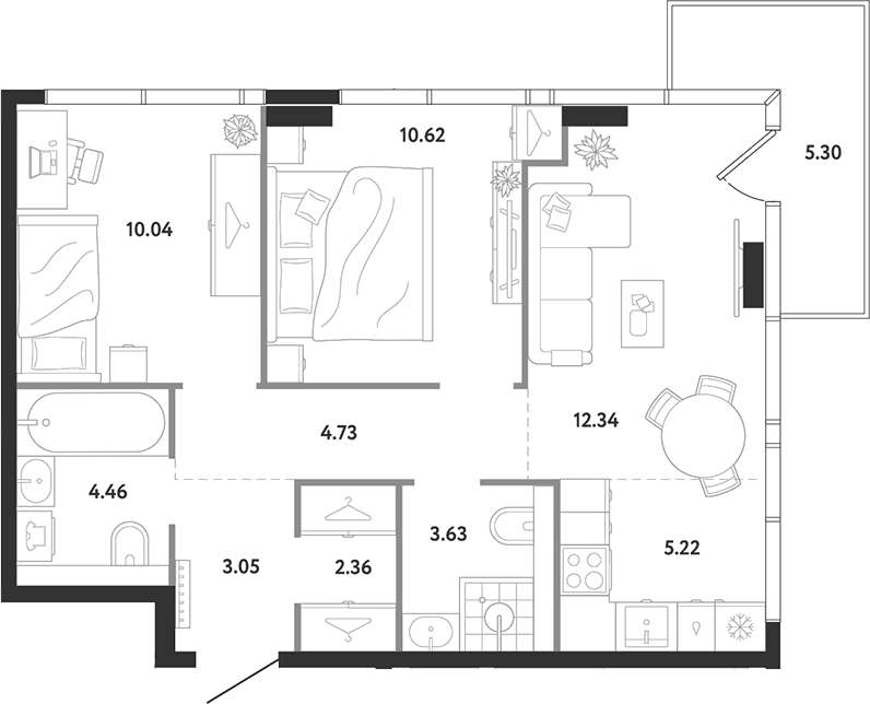 Планировка двухкомнатная 61.75 м² в ЖК «Ридж», корпус 1